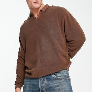 ASOS Design Lightweight Oversized Rib Sweater Notch Neck Brown